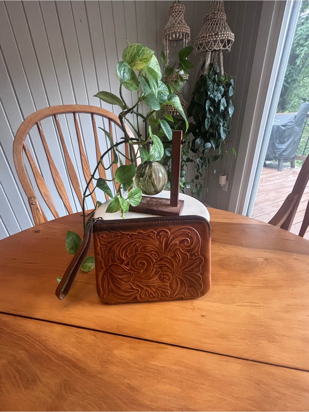 Patricia Nash Genuine Leather Hand-Tooled Brown Wristlet Clutch